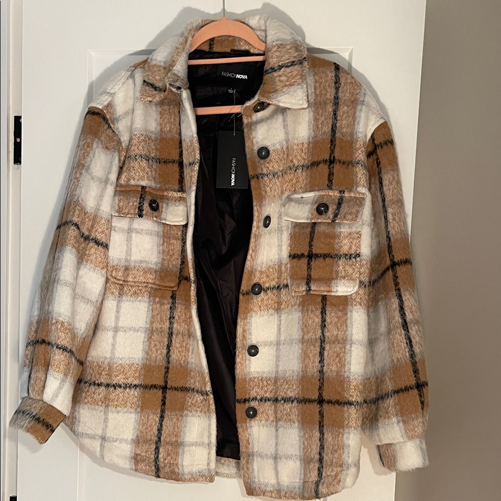 Fashion Nova Tan and Cream Plaid Jacket